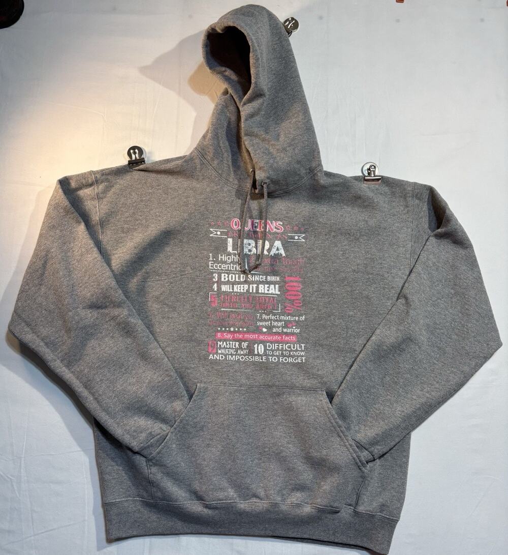Jerzees NuBlend Queens Are Born As Libra Hoodie Gray Graphic Adult Large